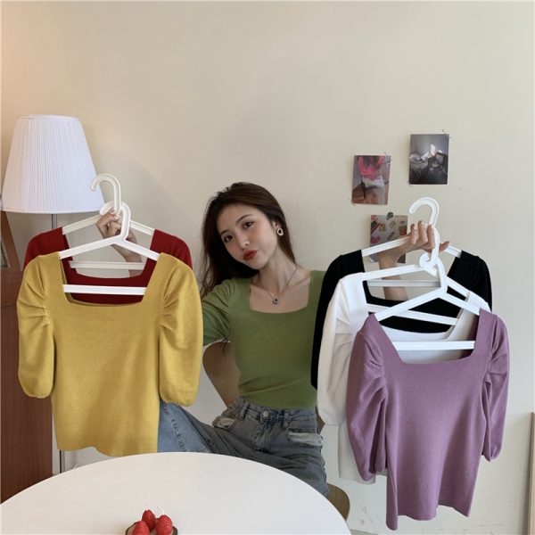 Short sleeve slim square collar clavicle knitted tops
